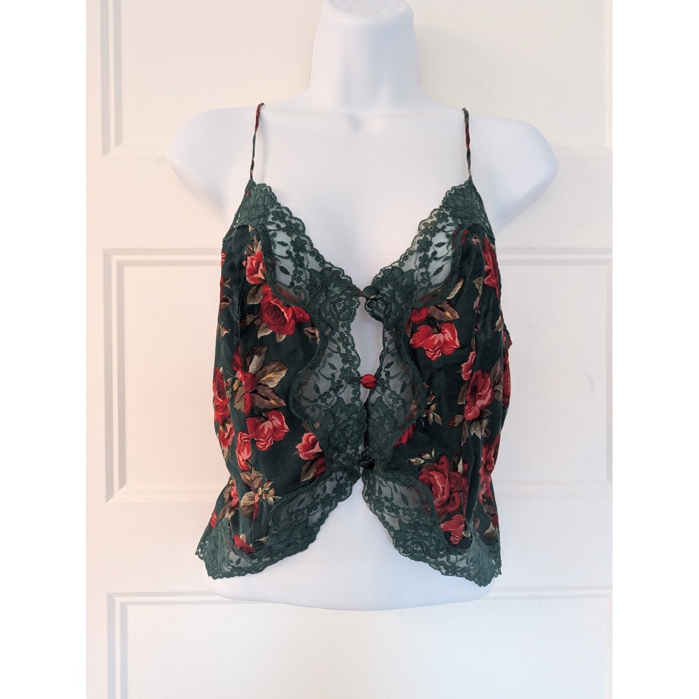 La Senza Vintage 100% Silk Floral Lace Camisole Lingerie Top Green Red Rose M